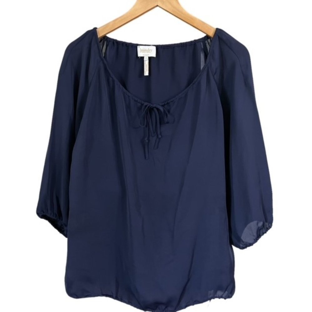 Womens Blouse Laundry by Shelli Segal Navy Blue Sheer Fabric Size Medium